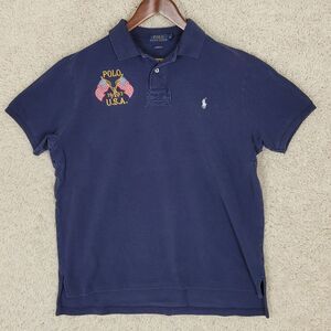 Polo Ralph Lauren Shirt Men's XL Blue Polo 1967 USA Flags Rugby Short Sleeve‎